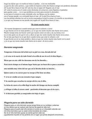 luego me dijiste que vos malla no traias si podias... si no me molestaba
ya que los dos solos primos, y que malla no trajimos como dos buenos amigos nos podemos desnudar
eh! la piel lleva hacia el mar eh! solo las olas te tapan eh! llegaste con el mar
eh! como la arena con el viento como disimular mi exitacion, como bajarme el pantalon
para quedar como ... vos si que problema no tenes para mostrar tu desnudez
se me para el corazon te estas sintiendo sola, me llamas con las manos
con el amigo parado voy corriendo hacia el mar eh! la piel lleva hacia el mar...
con las piernas abiertas ese sol se excita resecandose la piel la sirena y la estrella se encontraron
y yo que soy humano no me pierdo este regalo eh! la piel lleva hacia el mar...
Me siento mucho mejor
No razonar desaparecer cuando tenías que estar te echaste a correr
lo que hiciste en mí no tiene perdón y yo sé que me siento mucho más fuerte sin tu amor.
Mucho tiempo atrás me hiciste sentir que nuestro amor era más y de esa forma vivir
no sé más quién soy de qué te reís y ahora sé que me siento mucho más fuerte sin tu amor.
No sé más que hacer no sé qué decir cuando tenías que estar te echaste a reír
lo que hiciste en mí no tiene perdón y ahora sé que me siento mucho más fuerte sin tu amor
y yo sé que me siento mucho más fuerte sin tu amor oh sin tu amor.
Durazno sangrando
Temprano el durazno del arbol cayó su piel era rosa, dorada del sol
y al verse en la suerte de todo frutal a la orilla de un rio su fe lo hizo llegar...
Dicen que en este valle los duraznos son de los duendes...
Pasó cierto tiempo en el mismo lugar hasta que un buen dia se puso a escuchar
una melodia muy triste del sur que asi le lloraba desde su interior...
Quien canta es tu carozo pues tu cuerpo al fin tiene un alma.
Y si tu ser estalla sera un corazón el que sangre.
Y la canción que escuchas tu cuerpo abrira con el alba.
La brisa de enero a la orilla llegó la noche del tiempo sus horas cumplió
y al llegar el alba el carozo cantó partiendo al durazno que al rio cayó...
Y el durazno partido ya sangrando esta bajo el agua.
Plegaria para un niño dormido
Plegaria para un niño dormido quizas tenga flores en su ombligo y ademas
en sus dedos que se vuelven pan barcos de papel sin alta mar...
Plegaria para el sueño del niño donde el mundo es un chocolatin adonde van
mil niños dormidos que no estan entre bicicletas de cristal...
Se rie el niño dormido quizas se sienta gorrion esta vez
jugueteando inquieto en los jardines de un lugar que jamas despierto encontrara...
 