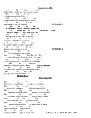 Rasguña las piedras
Sol Re mim sim
Detrás de las paredes que ayer se han levantado
Do Sol Fa - Re
te ruego que respires todavía.
Sol re mim sim
Apoyo mis espaldas y espero que me abraces
Do sol fa - re
atravesando el muro de mis días. ESTRIBILLO
Do Sol do sol
Y rasguña las piedras y rasguña las piedras
Do mim - Re - Do- (Sol / re / do ) 2 veces
Y rasguña las pie - ee - dras hasta mí
Sol re mim sim
Apenas perceptibles escucho tus palabras
Do sol fa - re
se acercan las bandas de rock'n roll
sol re mim sim
Y sacuden un poco , las paredes gastadas
Do sol fa - re
diciendo las preguntas de tu voz ESTRIBILLO
lam Do Re
Y si estoy cansado de gritarte
lam Do Re4 - Re - Re# - Re
es que solo quiero desperta ---- rte – eee ---eeee
sol re mim sim
Y por fin veo tus ojos que lloran desde el fondo
Do sol fa------re
y empiezo a amarte con toda mi piel ( tocar al repalo)
sol re mim sim
Y escarbo hasta abrazarte y me sangran la manos
Do sol fa------- re
pero que libres vamos a crecer
ESTRIBILLO
Amor descartable
Rem do rem do
Encontrarte en algún lugar aunque sea muy tarde
Rem do rem do
tantos odios para curar tanto amor descartable
Rem do rem do
Escucharte a mi lado hablar aunque estemos distantes
Rem do rem do
ese mundo tan poco sensual que no pudo aliviarme
solm sib do lam
Vos sos mi obsesión quisiera atraparte
solm sib do lam
Vos sos mi destrucción no puedo dejar de pensar
Sib fa sib fa
tengo que ordenar esta confusión
sib fa sib fa
Quiero estar libre para un nuevo amor TODO SE REPITE DESDE EL PRINCIPIO
 