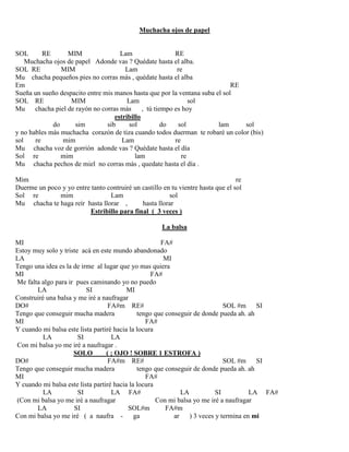 Muchacha ojos de papel
SOL RE MIM Lam RE
Muchacha ojos de papel Adonde vas ? Quédate hasta el alba.
SOL RE MIM Lam re
Mu chacha pequeños pies no corras más , quédate hasta el alba
Em RE
Sueña un sueño despacito entre mis manos hasta que por la ventana suba el sol
SOL RE MIM Lam sol
Mu chacha piel de rayón no corras más , tú tiempo es hoy
estribillo
do sim sib sol do sol lam sol
y no hables más muchacha corazón de tiza cuando todos duerman te robaré un color (bis)
sol re mim Lam re
Mu chacha voz de gorrión adonde vas ? Quédate hasta el día
Sol re mim lam re
Mu chacha pechos de miel no corras más , quedate hasta el día .
Mim re
Duerme un poco y yo entre tanto contruiré un castillo en tu vientre hasta que el sol
Sol re mim Lam sol
Mu chacha te haga reír hasta llorar , hasta llorar
Estribillo para final ( 3 veces )
La balsa
MI FA#
Estoy muy solo y triste acá en este mundo abandonado
LA MI
Tengo una idea es la de irme al lugar que yo mas quiera
MI FA#
Me falta algo para ir pues caminando yo no puedo
LA SI MI
Construiré una balsa y me iré a naufragar
DO# FA#m RE# SOL #m SI
Tengo que conseguir mucha madera tengo que conseguir de donde pueda ah. ah
MI FA#
Y cuando mi balsa este lista partiré hacia la locura
LA SI LA
Con mi balsa yo me iré a naufragar .
SOLO ( ¡ OJO ! SOBRE 1 ESTROFA )
DO# FA#m RE# SOL #m SI
Tengo que conseguir mucha madera tengo que conseguir de donde pueda ah. ah
MI FA#
Y cuando mi balsa este lista partiré hacia la locura
LA SI LA FA# LA SI LA FA#
(Con mi balsa yo me iré a naufragar Con mi balsa yo me iré a naufragar
LA SI SOL#m FA#m
Con mi balsa yo me iré ( a naufra - ga ar ) 3 veces y termina en mi
 