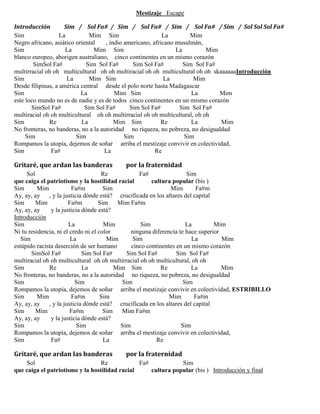 Mestizaje Escape
Introducción Sim / Sol Fa# / Sim / Sol Fa# / Sim / Sol Fa# / Sim / Sol Sol Sol Fa#
Sim La Mim Sim La Mim
Negro africano, asiático oriental , indio americano, africano musulmán,
Sim La Mim Sim La Mim
blanco europeo, aborigen australiano, cinco continentes en un mismo corazón
SimSol Fa# Sim Sol Fa# Sim Sol Fa# Sim Sol Fa#
multirracial oh oh multicultural oh oh multiracial oh oh multicultural oh oh skaaaaaaIntroducción
Sim La Mim Sim La Mim
Desde filipinas, a américa central desde el polo norte hasta Madagascar
Sim La Mim Sim La Mim
este loco mundo no es de nadie y es de todos cinco continentes en un mismo corazón
SimSol Fa# Sim Sol Fa# Sim Sol Fa# Sim Sol Fa#
multiracial oh oh multicultural oh oh multirracial oh oh multicultural, oh oh
Sim Re La Mim Sim Re La Mim
No fronteras, no banderas, no a la autoridad no riqueza, no pobreza, no desigualdad
Sim Sim Sim Sim
Rompamos la utopía, dejemos de soñar arriba el mestizaje convivir en colectividad,
Sim Fa# La Re
Gritaré, que ardan las banderas por la fraternidad
Sol Re Fa# Sim
que caiga el patriotismo y la hostilidad racial cultura popular (bis )
Sim Mim Fa#m Sim Mim Fa#m
Ay, ay, ay , y la justicia dónde está? crucificada en los altares del capital
Sim Mim Fa#m Sim Mim Fa#m
Ay, ay, ay y la justicia dónde está?
Introducción
Sim La Mim Sim La Mim
Ni tu residencia, ni el credo ni el color ninguna diferencia te hace superior
Sim La Mim Sim La Mim
estúpido racista deserción de ser humano cinco continentes en un mismo corazón
SimSol Fa# Sim Sol Fa# Sim Sol Fa# Sim Sol Fa#
multiracial oh oh multicultural oh oh multirracial oh oh multicultural, oh oh
Sim Re La Mim Sim Re La Mim
No fronteras, no banderas, no a la autoridad no riqueza, no pobreza, no desigualdad
Sim Sim Sim Sim
Rompamos la utopía, dejemos de soñar arriba el mestizaje convivir en colectividad, ESTRIBILLO
Sim Mim Fa#m Sim Mim Fa#m
Ay, ay, ay , y la justicia dónde está? crucificada en los altares del capital
Sim Mim Fa#m Sim Mim Fa#m
Ay, ay, ay y la justicia dónde está?
Sim Sim Sim Sim
Rompamos la utopía, dejemos de soñar arriba el mestizaje convivir en colectividad,
Sim Fa# La Re
Gritaré, que ardan las banderas por la fraternidad
Sol Re Fa# Sim
que caiga el patriotismo y la hostilidad racial cultura popular (bis ) Introducción y final
 