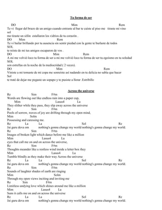 Tu forma de ser
DO Mim Rem
Te vi llegar del brazo de un amigo cuando entraste al bar te caíste al piso me tiraste mi vino
sol
me tiraste un sifón estallaron los vidrios de tu corazón .
DO Mim Rem
Te vi bailar brillando por tu ausencia sin sentir piedad con la gente te burlaste de todos
SOL
te reíste de mi tus amigos escaparon de vos .
DO Mim Rem
A mi me volvió loco tu forma de ser a mi me volvió loco tu forma de ser tu egoísmo en tu soledad
SOL
son estrellas en la noche de la mediocridad ( 2 veces).
DO Mim Rem
Viniste a mi tomaste de mi copa me sonreíste así nadando en tu delicia no sabía que hacer
Sol
te traté de dejar me pegaste un sopapo y te pusiste a llorar .Estribillo
Across the universe
Re Sim F#m
Words are flowing out like endless rain into a paper cup,
Mim Lasus4 La
They slither while they pass, they slip away across the universe
Re Sim F#m
Pools of sorrow, waves of joy are drifting through my open mind,
Mim Solm
Possessing and caressing me.
Re La La Sol Re
Jai guru deva om nothing's gonna change my world nothing's gonna change my world.
Re Sim F#m
Images of broken light which dance before me like a million
Mim Lasus4 La
eyes that call me on and on across the universe,
Re Sim F#m
Thoughts meander like a restless wind inside a letter box they
Mim Lasus4 La
Tumble blindly as they make their way Across the universe
Re La La Sol Re
Jai guru deva om nothing's gonna change my world nothing's gonna change my world.
Re Sim F#m
Sounds of laughter shades of earth are ringing
Mim Solm
Through my open views inciting and inviting me
Re Sim F#m
Limitless undying love which shines around me like a million
Mim Lasus4 La
Suns it calls me on and on across the universe
Re La La Sol Re
Jai guru deva om nothing's gonna change my world nothing's gonna change my world.
 