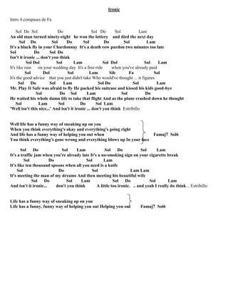 Ironic
Intro 4 compases de Fa
Sol Do Sol Do Sol Do Sol Lam
An old man turned ninety-eight he won the lottery and died the next day
Sol Do Sol Do Sol Do Sol Lam
It's a black fly in your Chardonnay It's a death row pardon two minutes too late
Sol Do Sol Do
Isn't it ironic ... don't you think
Sol Dol Sol Lam Sol Dol Sol Lam
It's like rain on your wedding day It's a free ride when you've already paid
Sol Dol Sol Lam Sib Fa Sol
It's the good advice that you just didn't take Who would've thought ... it figures
Sol Do Sol Lam Sol Do Sol Lam
Mr. Play It Safe was afraid to fly He packed his suitcase and kissed his kids good-bye
Sol Do Sol Lam Sol Do
He waited his whole damn life to take that flight And as the plane crashed down he thought
Sol Lam Sol Do Sol Lam
'Well isn't this nice...' And isn't it ironic ... don't you think Estribillo
Well life has a funny way of sneaking up on you
When you think everything's okay and everything's going right
And life has a funny way of helping you out when Famaj7 Sol6
You think everything's gone wrong and everything blows up In your face
Sol Do Sol Lam Sol Do Sol Lam
It's a traffic jam when you're already late It's a no-smoking sign on your cigarette break
Sol Do Sol Lam
It's like ten thousand spoons when all you need is a knife
Sol Do Sol Lam Lam
It's meeting the man of my dreams And then meeting his beautiful wife
Sol Do Sol Lam Sol Do Sol Lam
And isn't it ironic... don't you think A little too ironic. .. and yeah I really do think... Estribillo
Life has a funny way of sneaking up on you
Life has a funny, funny way of helping you out Helping you out Famaj7 Sol6
 