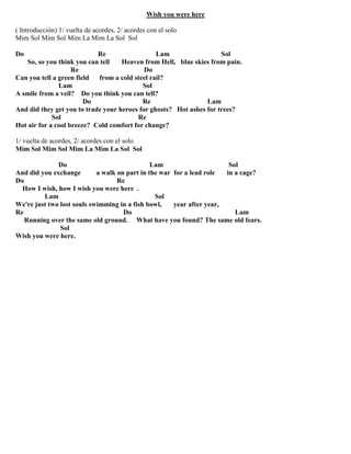 Wish you were here
( Introducción) 1/ vuelta de acordes, 2/ acordes con el solo
Mim Sol Mim Sol Mim La Mim La Sol Sol
Do Re Lam Sol
So, so you think you can tell Heaven from Hell, blue skies from pain.
Re Do
Can you tell a green field from a cold steel rail?
Lam Sol
A smile from a veil? Do you think you can tell?
Do Re Lam
And did they get you to trade your heroes for ghosts? Hot ashes for trees?
Sol Re
Hot air for a cool breeze? Cold comfort for change?
1/ vuelta de acordes, 2/ acordes con el solo
Mim Sol Mim Sol Mim La Mim La Sol Sol
Do Lam Sol
And did you exchange a walk on part in the war for a lead role in a cage?
Do Re
How I wish, how I wish you were here .
Lam Sol
We're just two lost souls swimming in a fish bowl, year after year,
Re Do Lam
Running over the same old ground. What have you found? The same old fears.
Sol
Wish you were here.
 