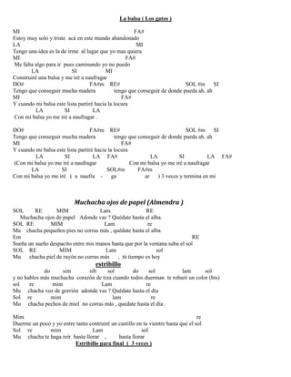La balsa ( Los gatos )
MI FA#
Estoy muy solo y triste acá en este mundo abandonado
LA MI
Tengo una idea es la de irme al lugar que yo mas quiera
MI FA#
Me falta algo para ir pues caminando yo no puedo
LA SI MI
Construiré una balsa y me iré a naufragar
DO# FA#m RE# SOL #m SI
Tengo que conseguir mucha madera tengo que conseguir de donde pueda ah. ah
MI FA#
Y cuando mi balsa este lista partiré hacia la locura
LA SI LA
Con mi balsa yo me iré a naufragar .
DO# FA#m RE# SOL #m SI
Tengo que conseguir mucha madera tengo que conseguir de donde pueda ah. ah
MI FA#
Y cuando mi balsa este lista partiré hacia la locura
LA SI LA FA# LA SI LA FA#
(Con mi balsa yo me iré a naufragar Con mi balsa yo me iré a naufragar
LA SI SOL#m FA#m
Con mi balsa yo me iré ( a naufra - ga ar ) 3 veces y termina en mi
Muchacha ojos de papel (Almendra )
SOL RE MIM Lam RE
Muchacha ojos de papel Adonde vas ? Quédate hasta el alba.
SOL RE MIM Lam re
Mu chacha pequeños pies no corras más , quédate hasta el alba
Em RE
Sueña un sueño despacito entre mis manos hasta que por la ventana suba el sol
SOL RE MIM Lam sol
Mu chacha piel de rayón no corras más , tú tiempo es hoy
estribillo
do sim sib sol do sol lam sol
y no hables más muchacha corazón de tiza cuando todos duerman te robaré un color (bis)
sol re mim Lam re
Mu chacha voz de gorrión adonde vas ? Quédate hasta el día
Sol re mim lam re
Mu chacha pechos de miel no corras más , quedate hasta el día .
Mim re
Duerme un poco y yo entre tanto contruiré un castillo en tu vientre hasta que el sol
Sol re mim Lam sol
Mu chacha te haga reír hasta llorar , hasta llorar
Estribillo para final ( 3 veces )
 