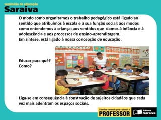 O modo como organizamos o trabalho pedagógico está ligado ao
sentido que atribuímos à escola e à sua função social; aos modos
como entendemos a criança; aos sentidos que damos à infância e à
adolescência e aos processos de ensino-aprendizagem..
Em síntese, está ligado à nossa concepção de educação:

Educar para quê?
Como?

Liga-se em consequência à construção de sujeitos cidadãos que cada
vez mais adentram os espaços sociais.

 