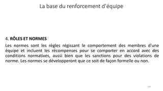 100
La base du renforcement d’équipe
4. RÔLES ET NORMES
Les normes sont les règles régissant le comportement des membres d'une
équipe et incluent les récompenses pour se comporter en accord avec des
conditions normatives, aussi bien que les sanctions pour des violations de
norme. Les normes se développeront que ce soit de façon formelle ou non.
 