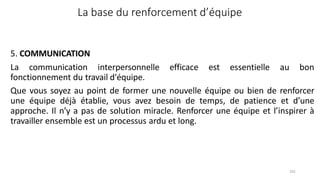 101
La base du renforcement d’équipe
5. COMMUNICATION
La communication interpersonnelle efficace est essentielle au bon
fonctionnement du travail d'équipe.
Que vous soyez au point de former une nouvelle équipe ou bien de renforcer
une équipe déjà établie, vous avez besoin de temps, de patience et d’une
approche. Il n’y a pas de solution miracle. Renforcer une équipe et l’inspirer à
travailler ensemble est un processus ardu et long.
 