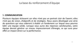 102
La base du renforcement d’équipe
5. COMMUNICATION
Plusieurs équipes échouent car elles n’ont pas un portrait clair de l’avenir; elles
n’ont pas de vision, d’objectifs et de stratégies. Nous avons développé une série
de questions qui vous aideront à établir un fondement sur lequel vous pourrez
bâtir une équipe solide. Lorsque vous aurez des réponses satisfaisantes, votre
équipe devrait générer un niveau impressionnant d’énergie, ce qui aura pour
effet un impact direct sur la performance.
 