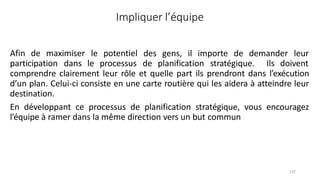 122
Impliquer l’équipe
Afin de maximiser le potentiel
participation dans le processus
des gens, il importe de demander leur
de planification stratégique. Ils doivent
comprendre clairement leur rôle et quelle part ils prendront dans l’exécution
d’un plan. Celui-ci consiste en une carte routière qui les aidera à atteindre leur
destination.
En développant ce processus de planification stratégique, vous encouragez
l’équipe à ramer dans la même direction vers un but commun
 