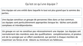 14
Qu’est ce qu’une équipe ?
Une équipe est une entité dans laquelle le tout est plus grand que la somme des
parties.
Une équipe constitue un groupe de personnes liées dans un but commun.
Les équipes sont particulièrement appropriées lorsque les tâches sont plutôt
complexes et interdépendantes
Un groupe en soi ne constitue pas nécessairement une équipe. Les équipes ont
normalement des membres avec des qualifications complémentaires, et produis
ent de la synergie par un effort coordonné, qui permet à chaque membre de
maximiser ses forces et de réduire au minimum ses faiblesses.
 