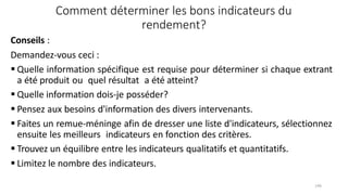 146
Comment déterminer les bons indicateurs du
rendement?
Conseils :
Demandez‐vous ceci :
 Quelle information spécifique est requise pour déterminer si chaque extrant
a été produit ou quel résultat a été atteint?
 Quelle information dois‐je posséder?
 Pensez aux besoins d'information des divers intervenants.
 Faites un remue‐méninge afin de dresser une liste d'indicateurs, sélectionnez
ensuite les meilleurs indicateurs en fonction des critères.
 Trouvez un équilibre entre les indicateurs qualitatifs et quantitatifs.
 Limitez le nombre des indicateurs.
 