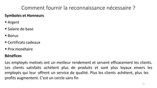 profits augmentent. C'est un cercle sans fin
151
Comment fournir la reconnaissance nécessaire ?
Symboles et Honneurs
 Argent
 Salaire de base
 Bonus
 Certificats cadeaux
 Prix monétaire
Bénéfices
Les employés motivés ont un meilleur rendement et servent efficacement les clients.
Les clients satisfaits achètent plus de produits et sont plus loyaux envers les
employés qui leur offrent un service de qualité. Plus les clients achètent, plus les
 