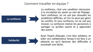 Comment travailler en équipe ?
La confiance, c’est une condition nécessaire
à la circulation du savoir au sein de l’équipe.
Sans confiance, on ne sait pas résoudre les
problèmes difficiles, et l'on ne peut pas gérer
les conflits. Et sans confiance, on ne sait pas
innover. La confiance motive les personnes à
partager ce qu’elles savent et à apprendre
des autres.
La confiance
Avoir l’esprit d’équipe, c'est être solidaire, et
aider son collaborateur lorsqu’il est face à un
obstacle ou qu’il éprouve des difficultés à
accomplir une tâche.
Solidarité
19
 