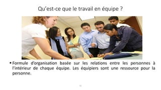 Qu’est-ce que le travail en équipe ?
 Formule d’organisation basée sur les relations entre les personnes à
l’intérieur de chaque équipe. Les équipiers sont une ressource pour la
personne.
22
 