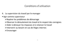 36
4. La supervision du travail par le manager
 Agir comme superviseur
Repérer les problèmes de démarrage
Observer le déroulement du travail et le respect des consignes
Aider à dénouer les impasses et à relancer le travail
Intervenir au besoin en cas de litiges internes
Encourager
Conditions d’utilisation
 