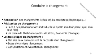 Conduire le changement
 Anticipation des changements : ceux liés au contexte (économiques…)
 Résistances au changement :
liées à des préoccupations individuelles ( quelle sera leur place, quel sera
leur rôle)
les forces de l’habitude (moins de stress, économie d’énergie)
 Les trois étapes du changement :
État des lieux qui montrent la nécessité d’un changement
Étape dynamique : lancement
Consolidation et évaluation du changement
49
 