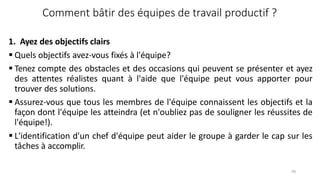 58
Comment bâtir des équipes de travail productif ?
1. Ayez des objectifs clairs
 Quels objectifs avez-vous fixés à l'équipe?
 Tenez compte des obstacles et des occasions qui peuvent se présenter et ayez
des attentes réalistes quant à l'aide que l'équipe peut vous apporter pour
trouver des solutions.
 Assurez-vous que tous les membres de l'équipe connaissent les objectifs et la
façon dont l'équipe les atteindra (et n'oubliez pas de souligner les réussites de
l'équipe!).
 L'identification d'un chef d'équipe peut aider le groupe à garder le cap sur les
tâches à accomplir.
 