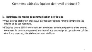 62
Comment bâtir des équipes de travail productif ?
5. Définissez les modes de communication de l'équipe
 Vous devrez établir un processus par lequel l'équipe rendra compte de ses
efforts et de ses résultats.
 L'équipe devra définir comment ses membres communiqueront entre eux et
comment ils communiqueront leur travail aux autres (p. ex., procès-verbal des
réunions, courriel, site Web et serveur de liste).
 