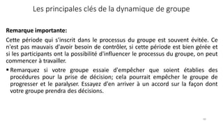 66
Les principales clés de la dynamique de groupe
Remarque importante:
Cette période qui s'inscrit dans le processus du groupe est souvent évitée. Ce
n'est pas mauvais d'avoir besoin de contrôler, si cette période est bien gérée et
si les participants ont la possibilité d'influencer le processus du groupe, on peut
commencer à travailler.
 Remarquez si votre groupe essaie d'empêcher que soient établies des
procédures pour la prise de décision; cela pourrait empêcher le groupe de
progresser et le paralyser. Essayez d'en arriver à un accord sur la façon dont
votre groupe prendra des décisions.
 