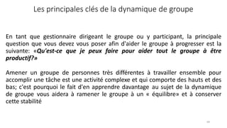 69
Les principales clés de la dynamique de groupe
En tant que gestionnaire dirigeant le groupe ou y participant, la principale
question que vous devez vous poser afin d'aider le groupe à progresser est la
suivante: «Qu'est-ce que je peux faire pour aider tout le groupe à être
productif?»
Amener un groupe de personnes très différentes à travailler ensemble pour
accomplir une tâche est une activité complexe et qui comporte des hauts et des
bas; c'est pourquoi le fait d'en apprendre davantage au sujet de la dynamique
de groupe vous aidera à ramener le groupe à un « équilibre» et à conserver
cette stabilité
 