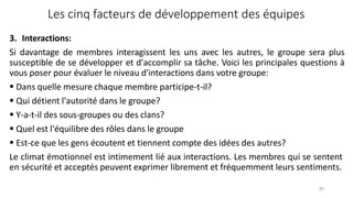 89
3. Interactions:
Si davantage de membres interagissent les uns avec les autres, le groupe sera plus
susceptible de se développer et d'accomplir sa tâche. Voici les principales questions à
vous poser pour évaluer le niveau d'interactions dans votre groupe:
 Dans quelle mesure chaque membre participe-t-il?
 Qui détient l'autorité dans le groupe?
 Y-a-t-il des sous-groupes ou des clans?
 Quel est l'équilibre des rôles dans le groupe
 Est-ce que les gens écoutent et tiennent compte des idées des autres?
Le climat émotionnel est intimement lié aux interactions. Les membres qui se sentent
en sécurité et acceptés peuvent exprimer librement et fréquemment leurs sentiments.
Les cinq facteurs de développement des équipes
 