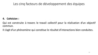 90
4. Cohésion :
Qui est construite à travers le travail collectif pour la réalisation d’un objectif
commun.
Il s’agit d’un phénomène qui constitue le résultat d’interactions bien conduites.
Les cinq facteurs de développement des équipes
 