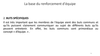 96
La base du renforcement d’équipe
2. BUTS SPÉCIFIQUES
Il est très important que les membres de l'équipe aient des buts communs et
qu’ils puissent clairement communiquer au sujet de différents buts qu'ils
peuvent entretenir. En effet, les buts communs sont primordiaux au
concept « d’équipe. » .
 