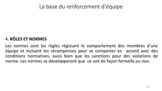 La base du renforcement d’équipe
100
4. RÔLES ET NORMES
Les normes sont les règles régissant le comportement des membres d'une
équipe et incluent les récompenses pour se comporter en accord avec des
conditions normatives, aussi bien que les sanctions pour des violations de
norme. Les normes se développeront que ce soit de façon formelle ou non.
 