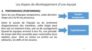 4. PERFORMANCE (PERFORMING)
Dans les cas d’équipes temporaires, cette dernière
étape est à la fin du processus.
118
Les étapes de développement d’une équipe
Equipe
temporaire
Selon le succès de l’équipe ou du sentiment
d’appartenance des membres, cette étape peut
être soit un moment triste, soit un de soulagement
Quand les équipes arrivent à leur fin, une période
de temps doit être accordée pour reconnaître leurs
exploits, pour faire un retour en arrière sur les
obstacles, les défis et les lacunes.
Capitalisation
 