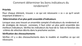 Comment déterminer les bons indicateurs du
rendement?
Priorités
Pour chaque élément, trouvez « ce qui est nécessaire » vs « ce qu'il serait
important d'obtenir ».
Détermination d'un plus petit ensemble d'indicateurs
Lorsque vous avez trouvé un ensemble complet d'indicateurs du rendement et
de stratégies de mesure connexes, il faut créer un plus petit ensemble des
meilleurs indicateurs. Vérifiez les indicateurs du haut de la liste en fonction des
critères de sélection décrits dans la prochaine section.
Vérification des chevauchements
Vérifiez s'il y a des chevauchements dans le modèle et modifiez ce qui est
nécessaire.
143
 