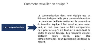 Comment travailler en équipe ?
La communication dans une équipe est un
élément indispensable pour toute collaboration.
La circulation de l’information est la base même
du travail en équipe. Il faut savoir écouter avant
tout, et tout faire pour se faire comprendre,
c’est pour cela qu’il est tout aussi important de
parler le même langage. Les membres doivent
partager leurs idées, pour être
complémentaires, pour que rien ne soit laissé au
hasard.
17
La communication
 