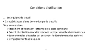 31
1. Les équipes de travail
 Caractéristiques d’une bonne équipe de travail :
Tous les membres…
Identifient et valorisent l’atteinte de la cible commune
Créent et entretiennent des relations interpersonnelles harmonieuses
Surmontent les obstacles qui entravent le déroulement des activités
S’engagent sur tous les plans
Conditions d’utilisation
 