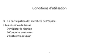 35
3. La participation des membres de l’équipe
 Les réunions de travail :
Préparer la réunion
Conduire la réunion
Clôturer la réunion
Conditions d’utilisation
 