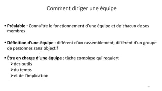  Préalable : Connaître le fonctionnement d’une équipe et de chacun de ses
membres
 Être en charge d’une équipe : tâche complexe qui requiert
des outils
du temps
et de l’implication
 Définition d’une équipe : différent d’un rassemblement, différent d’un groupe
de personnes sans objectif
Comment diriger une équipe
38
 