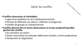 Gérer les conflits
 Conflits nécessaires et inévitables:
signe d’un problème ou d’un dysfonctionnement
Permet de défendre ses valeurs, s’affirmer et progresser
Conflits de groupe ou interpersonnels
 Conflits doivent être le moins destructeurs et le plus productif possible:
gestion des conflits
Se connaître soi-même
Savoir reconnaître les attitudes défensives (inutiles, contre productives)
Compromis et négociation
50
 