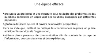 Une équipe efficace
 procurera un processus et une structure pour résoudre des problèmes et des
questions complexes en appliquant des solutions proposées par différentes
personnes;
 générera des idées neuves et ouvrira de nouvelles perspectives;
 fera en sorte que, mettant en pratique les connaissances acquises, on puisse
améliorer les services de l'organisation;
 utilisera divers processus de communication afin de soutenir le partage de
l'information, des connaissances et des expériences;
56
 