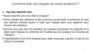 Comment bâtir des équipes de travail productif ?
1. Ayez des objectifs clairs
 Quels objectifs avez-vous fixés à l'équipe?
 Tenez compte des obstacles et des occasions qui peuvent se présenter et ayez
des attentes réalistes quant à l'aide que l'équipe peut vous apporter pour
trouver des solutions.
 Assurez-vous que tous les membres de l'équipe connaissent les objectifs et la
façon dont l'équipe les atteindra (et n'oubliez pas de souligner les réussites de
l'équipe!).
 L'identification d'un chef d'équipe peut aider le groupe à garder le cap sur les
tâches à accomplir.
58
 