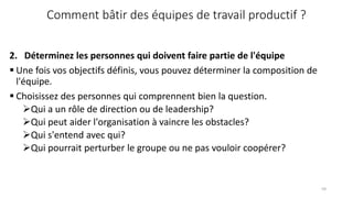 Comment bâtir des équipes de travail productif ?
2. Déterminez les personnes qui doivent faire partie de l'équipe
 Une fois vos objectifs définis, vous pouvez déterminer la composition de
l'équipe.
 Choisissez des personnes qui comprennent bien la question.
Qui a un rôle de direction ou de leadership?
Qui peut aider l'organisation à vaincre les obstacles?
Qui s'entend avec qui?
Qui pourrait perturber le groupe ou ne pas vouloir coopérer?
59
 