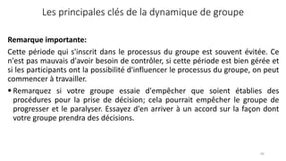 Les principales clés de la dynamique de groupe
Remarque importante:
Cette période qui s'inscrit dans le processus du groupe est souvent évitée. Ce
n'est pas mauvais d'avoir besoin de contrôler, si cette période est bien gérée et
si les participants ont la possibilité d'influencer le processus du groupe, on peut
commencer à travailler.
 Remarquez si votre groupe essaie d'empêcher que soient établies des
procédures pour la prise de décision; cela pourrait empêcher le groupe de
progresser et le paralyser. Essayez d'en arriver à un accord sur la façon dont
votre groupe prendra des décisions.
66
 