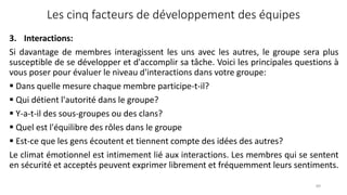 3. Interactions:
Si davantage de membres interagissent les uns avec les autres, le groupe sera plus
susceptible de se développer et d'accomplir sa tâche. Voici les principales questions à
vous poser pour évaluer le niveau d'interactions dans votre groupe:
 Dans quelle mesure chaque membre participe-t-il?
 Qui détient l'autorité dans le groupe?
 Y-a-t-il des sous-groupes ou des clans?
 Quel est l'équilibre des rôles dans le groupe
 Est-ce que les gens écoutent et tiennent compte des idées des autres?
Le climat émotionnel est intimement lié aux interactions. Les membres qui se sentent
en sécurité et acceptés peuvent exprimer librement et fréquemment leurs sentiments.
89
Les cinq facteurs de développement des équipes
 