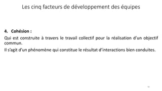 4. Cohésion :
Qui est construite à travers le travail collectif pour la réalisation d’un objectif
commun.
Il s’agit d’un phénomène qui constitue le résultat d’interactions bien conduites.
90
Les cinq facteurs de développement des équipes
 