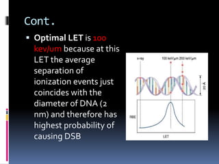 Cont.
 Optimal LET is 100
kev/um because at this
LET the average
separation of
ionization events just
coincides with the
diameter of DNA (2
nm) and therefore has
highest probability of
causing DSB
 
