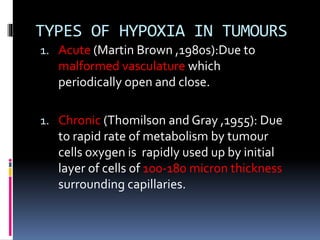 TYPES OF HYPOXIA IN TUMOURS
1. Acute (Martin Brown ,1980s):Due to
malformed vasculature which
periodically open and close.
1. Chronic (Thomilson and Gray ,1955): Due
to rapid rate of metabolism by tumour
cells oxygen is rapidly used up by initial
layer of cells of 100-180 micron thickness
surrounding capillaries.
 