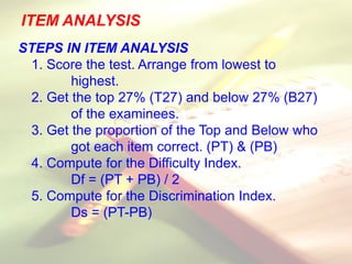 ITEM ANALYSIS
STEPS IN ITEM ANALYSIS
1. Score the test. Arrange from lowest to
highest.
2. Get the top 27% (T27) and below 27% (B27)
of the examinees.
3. Get the proportion of the Top and Below who
got each item correct. (PT) & (PB)
4. Compute for the Difficulty Index.
Df = (PT + PB) / 2
5. Compute for the Discrimination Index.
Ds = (PT-PB)
 
