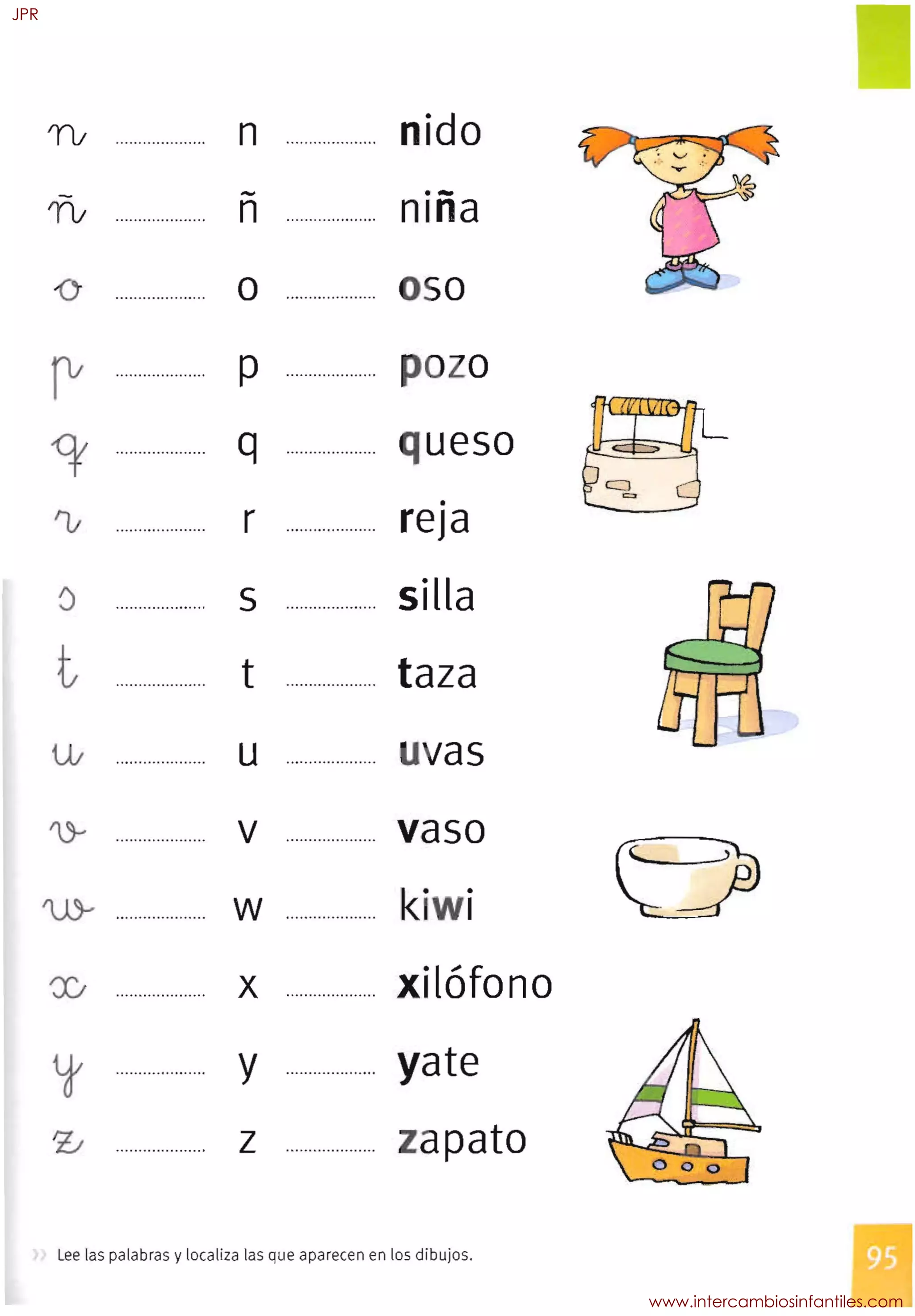 0
TI;
-
TI;
o

rv

<t

'V

t

~LL.otf
~
'Jj­
n

if

'V

....................

....................

....................

....................

....................

.
....................

....................

.....................

....................

....................

n

-
n
o
p
q
r

s

t

U

v

w

x

y

Z
....................

....................

....................

....................

....................

....................

....................

....................

....................

.....................

nido
.­nlna

so

--
o
ueso

•
reja

silla

taza

I vas
vaso
k· I
•
xilófono
yate
zapato
Lee las palabras y localiza las que aparecen en los dibujos.
JPR
www.intercambiosinfantiles.com
 