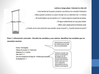 Letrina a largo plazo. Calcular la vida útil
.- Una familia de 8 quiere construir una letrina con arrastre hidráulico
.- Ellos quieren construir un pozo circular con un diámetro de 1,3 metros
.- El nivel freático se encuentra a 3,1 metros bajo la superficie terrestre.
.- El agua subterránea se usa para beber.
.- Ellos usan papel para la limpieza anal.
¿ Cuanto es lo mas profundo que pueden cavar el pozo? ¿ Cuanto durara el pozo?
Paso 1: Información conocida – Escribir las variables y sus valores. Identificar las variables que se
necesitan resolver.
 