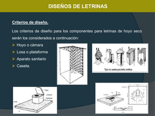 Criterios de diseño.
Los criterios de diseño para los componentes para letrinas de hoyo seco
serán los considerados a continuación:
 Hoyo o cámara
 Losa o plataforma
 Aparato sanitario
 Caseta.
 
