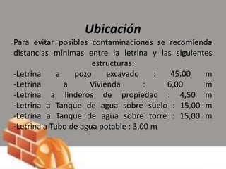 Ubicación
Para evitar posibles contaminaciones se recomienda
distancias mínimas entre la letrina y las siguientes
estructuras:
-Letrina a pozo excavado : 45,00 m
-Letrina a Vivienda : 6,00 m
-Letrina a linderos de propiedad : 4,50 m
-Letrina a Tanque de agua sobre suelo : 15,00 m
-Letrina a Tanque de agua sobre torre : 15,00 m
-Letrina a Tubo de agua potable : 3,00 m
 
