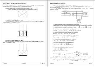 = U ⇒PA=
3.10
Qm=Ptan cos 0,86 =1,96 k var
4,5.10 =7,8 kW
4.10 =5,96 k var
9,8.10
U 3 ×2. ×50 ×400
IX COUPLAGE DE RÉCEPTEURS TRIPHASÉS :
Certains récepteurs triphasés ont une plaque à bornes permettant un couplage étoile ou triangle. A partir
du réseau triphasé dont on dispose, on effectue un couplage adapté au réseau.
Exemple : plaque à bornes d'un moteur triphasé asynchrone 230 V / 400 V.
(Rappel : cela signifie que la tension nominale d'un enroulement est de 230 V )
On dispose d'un réseau triphasé 133 V / 230 V :
Pour qu'un enroulement soit alimenté sous tension nominale (230V) , il faut le coupler en triangle car
la tension composée U du réseau est de 230V :
On dispose d'un réseau triphasé 230 V / 400 V :
Pour qu'un enroulement soit alimenté sous tension nominale, il faut le coupler en étoile car le tension
simple V du réseau est de 230V :
Y.MOREL Le triphasé Page 7/8
U V W
U V W
1 2 3
U V W
1 2 3
X EXERCICE DE SYNTHÈSE :
Une installation triphasée 230 V / 400 V ; 50 Hz est composée :
d'un moteur asynchrone triphasé 230 V/ 400 V (MAS) de puissance utile PU = 3 kW , η = 91 % et
de facteur de puissance fp = 0,86.
d'un récepteur triphasé équilibré qui absorbe la puissance active P2 = 4,5 kW et la puissance
réactive Q2 = 4 kvar.
1- Comment doivent-être couplés les enroulements du moteur triphasé :
Couplage étoile (230 V aux bornes d'un enroulement ce qui correspond à la tension simple V du réseau).
2- Calculer la puissance électrique PA absorbée par le moteur :
P
PA PU
=
3
0,91 =3,3 kW
3- Calculer la puissance réactive QM absorbée par le moteur :
QM=Ptan avec cos = fp=0,86 -1
4- Calculer la puissance active totale P absorbée par l'installation :
Boucherot : P=PA PM P=3,3.10 3 3
5- Calculer la puissance réactive totale Q absorbée par l'installation :
Boucherot : Q=QM Q2 Q=1,96.10 3 3
6- En déduire la puissance apparente totale S de l'installation :
S= P2 Q2 S= 7,8.103 2 5,96.103 2=9,8 kVA
7- En déduire l'intensité en ligne I dans un fil de phase.
S= 3 U I ⇒I=
S
3 U I=
3
3 ×400=14,2 A
8- Calculer le facteur de puissance fp de l'installation :
fp=
P
S
fp=
7,8.10
9,8.10
3
3 =0,796
9- Qu'indiquent les wattmètres A et B ?
On sait que :
P=PA PB
Q= 3 P A P B
. On en déduit que
PA=
PB=
3 P Q
2 3
3 P Q
2 3
soit :
PA=5,62 kW
PB=2,18 kW
10- Quelle doit-être la valeur de la capacité C d'une batterie de condensateurs C couplés en triangle
pour relever le facteur de puissance de fp = 0,796 à fp' = 0,95 ?
C=
'P tan
3
tan
2 soit C=
7,8.103 tan cos-10,796 tan cos-10,95
2
=22,5 µF
Y.MOREL Le triphasé Page 8/8
1
2
3
WA
Récepteur 2
P2= 4,5 kW
Q2 = 4 kvar
*
*
WB
*
*
MAS
3~
I
 