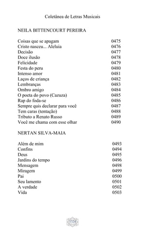 Coletânea de Letras Musicais
1324
NEILA BITTENCOURT PEREIRA
Coisas que se apagam
Cristo nasceu... Aleluia
Decisão
Doce ilusão
Felicidade
Festa do peru
Intenso amor
Laços de criança
Lembranças
Ombro amigo
O poeta do povo (Cazuza)
Rap do foda-se
Sempre quis declarar para você
Tem caras (tentação)
Tributo a Renato Russo
Você me chama com esse olhar
0475
0476
0477
0478
0479
0480
0481
0482
0483
0484
0485
0486
0487
0488
0489
0490
NERTAN SILVA-MAIA
Além de mim
Confins
Deus
Jardins do tempo
Mensagem
Miragem
Pai
Seu lamento
A verdade
Vida
0493
0494
0495
0496
0498
0499
0500
0501
0502
0503
 